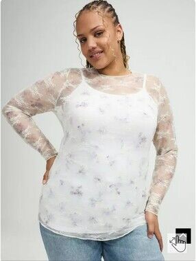 White & Purple Floral Mesh Long-Sleeve Top